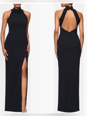 Xscape ruffle trim mock neck evening gown dress size 8Petite in black NWT